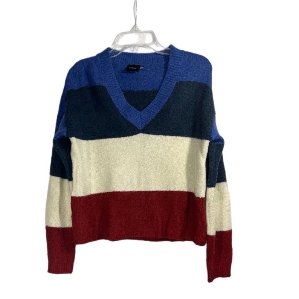 Cliche’ Wool Blend Colorblock Blue Cream Rust V Neck Sweater Size XL
